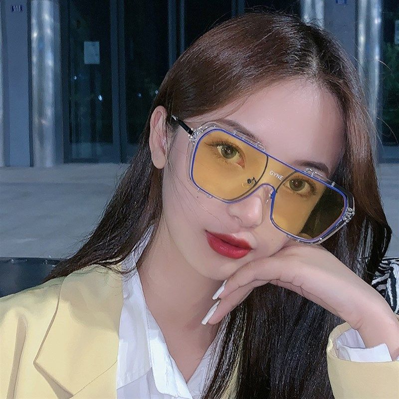 超大网红一体大框墨镜女复古黄色圆脸显瘦可配近视镜太阳眼镜男士