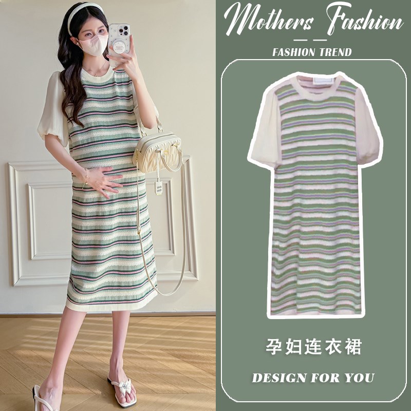 孕妇连衣裙夏季2025新款绿色条纹D气质减龄法式圆领宽松显瘦中长