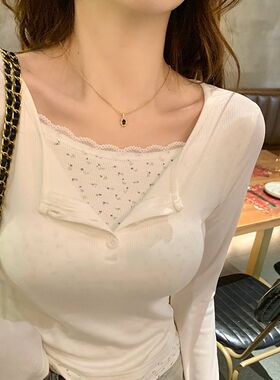 蕾丝花边长袖T恤女春秋季2024新款假两件打底衫内搭短款白色上衣