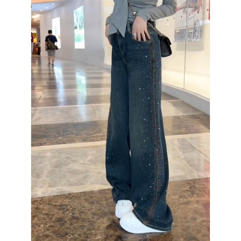 美式复古重工烫钻牛仔裤女秋冬大码胖GMM高腰宽松显瘦阔腿拖地裤
