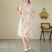 气质减龄新中式 复古国风印花苎麻短袖 连衣v裙女夏季 改良旗袍裙子