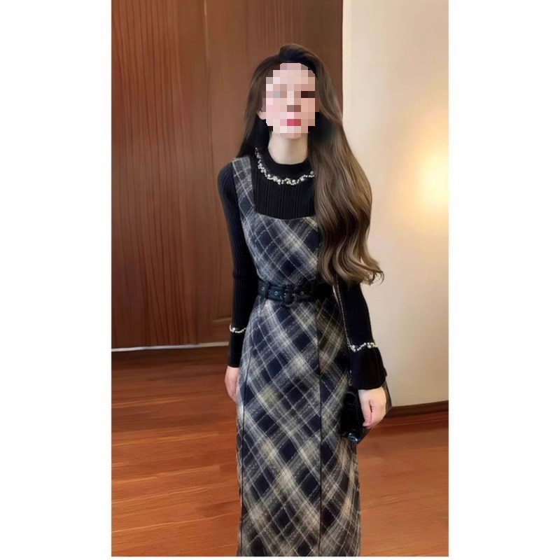 超好看气质格纹吊带连衣裙女装2024秋冬新款时尚T修身针织衫一整