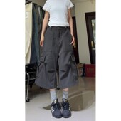 高街宽松阔腿显瘦直筒七分中裤 大码 短裤 女夏季 胖mm美式 复古工p装