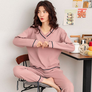 秋季纯棉女士长袖睡衣简约V领家B居服女式春秋款韩版运动全棉套装