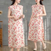 新中式 改良国风旗袍气质连衣裙女夏季 休闲斜襟盘扣V碎花开叉A字裙