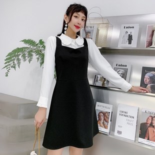 微胖黑色a字背带裙女春季新款x收腰显瘦大码吊带背心裙胖mm连衣裙