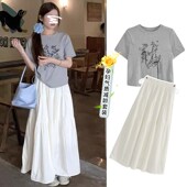 孕妇套装 t恤上衣百I褶a字抽绳半身裙长裙两件 绣花短袖 春夏季 韩版