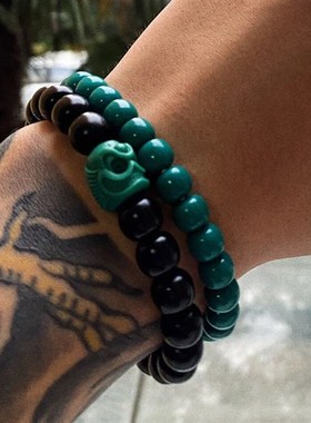 原矿玉化蓝绿松石老型无相直切单圈手串地狱色手持念珠顶腰配珠