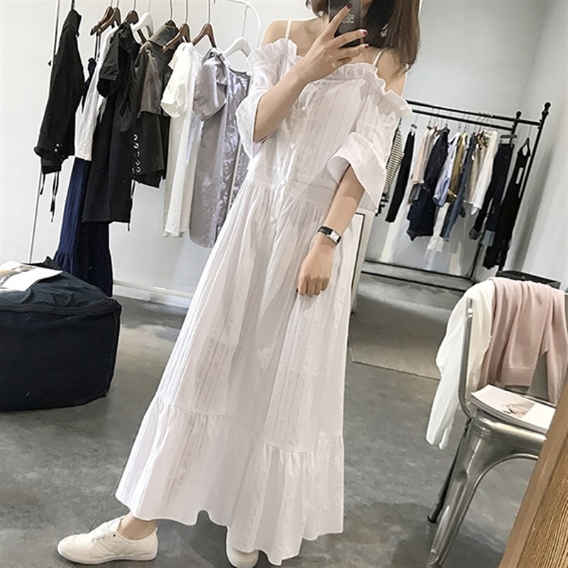 孕妇夏装长款长裙一字领露肩夏季甜美连衣裙P半袖哺乳吊带裙子棉