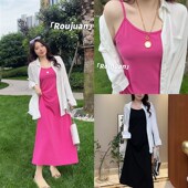 M肉卷家微胖大码 女装 度假显白纯欲显瘦收腰弹力V气质吊带连衣裙