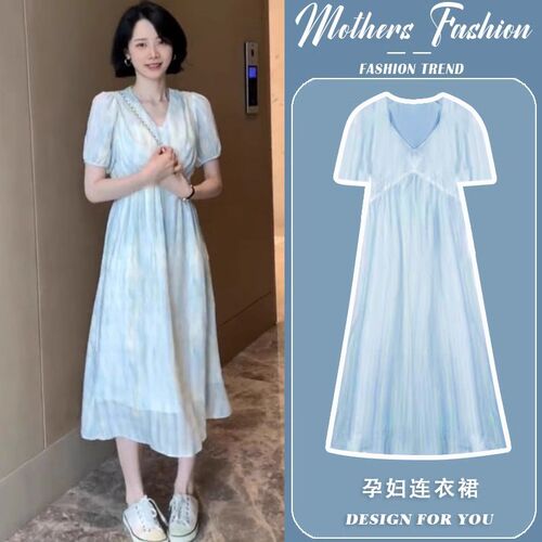 孕妇连衣裙夏季2025新款韩版中长款v领扎染气质洋气收腰显瘦a字裙