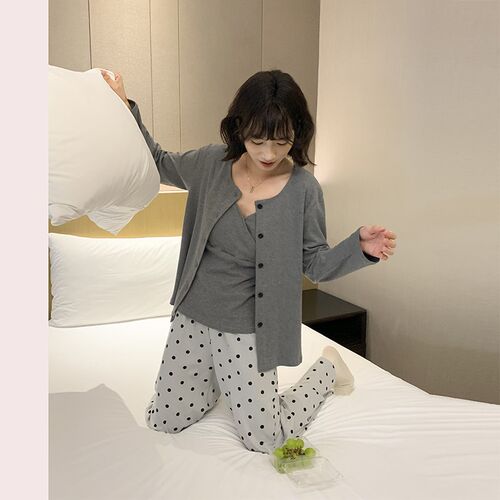 孕妇可外穿睡衣三件套春秋家居服高级感带胸垫月子服套装纯棉居家
