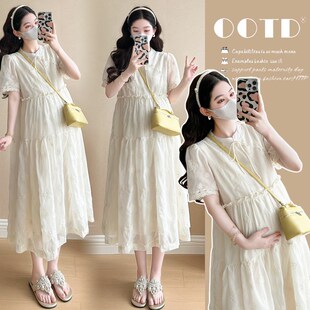 孕妇装2025夏季新款减龄显瘦连衣裙韩版中长款过膝短袖a字长裙子