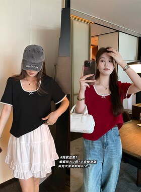 NAZ那子大码2024夏装新款复古撞色花边修身N显瘦胖mm设计感女T恤