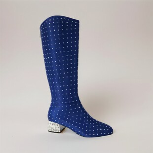 粗跟满钻显瘦高筒靴小码T台模特走秀比赛表演时装鞋大码水钻鞋