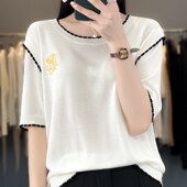 夏季 上衣薄 女刺绣花边百Q搭宽松半袖 款 真丝丝滑圆领拼色针织短袖