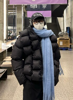 浅蓝色马海毛软糯奶白纯色围v巾Exile秋冬保暖百搭长流苏围脖披肩