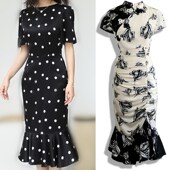 气质大码 胖MM显瘦遮肚小众设z计连衣裙减龄波点鱼尾别致漂亮长裙
