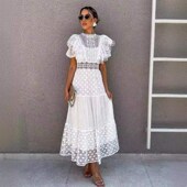白色仙女裙2024夏季 度假风荷叶边大小波点提花蕾S丝拼接连衣裙长
