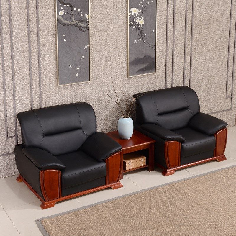 现代简约实木框架黑色西皮沙发办公室接待洽谈