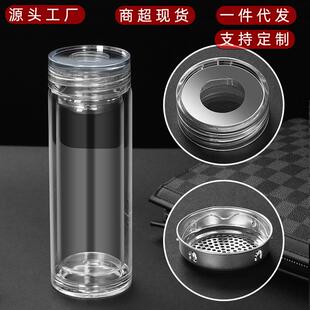制 临沂杯子厂家广告礼品杯印字双层高硼硅玻璃杯带盖透明水杯定