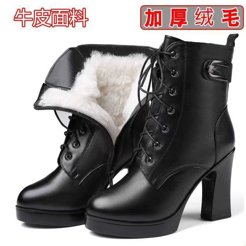 加厚女靴2024新款冬季软皮高跟马丁靴女短靴粗跟防水台加绒棉靴