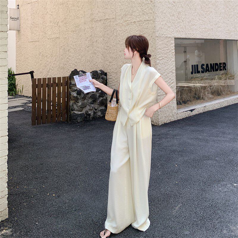 米色无袖衬衫阔腿裤套装女夏季2025新款巨好O看大方得体流行两件