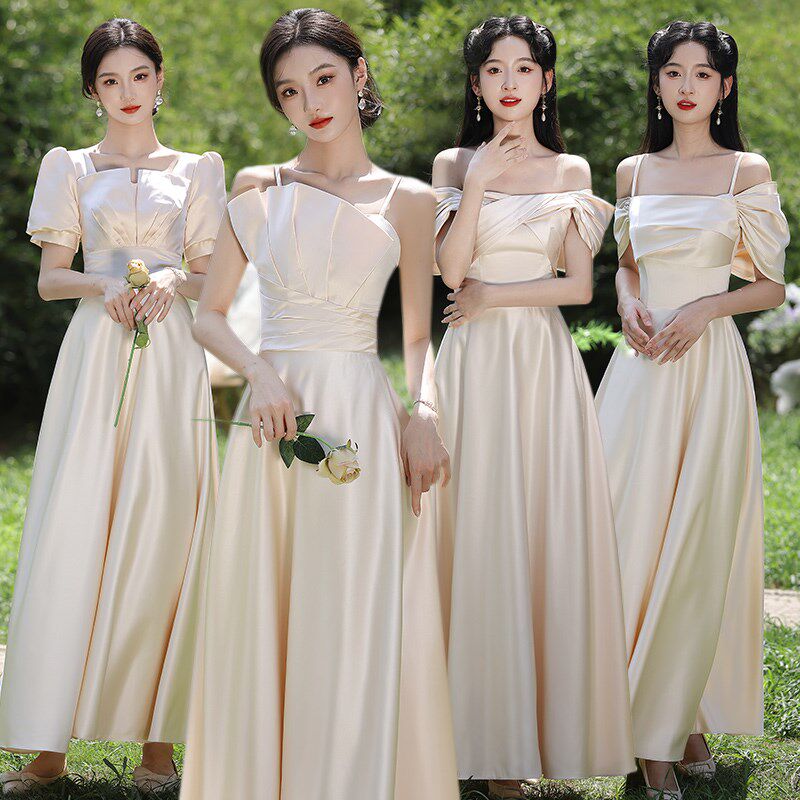 缎面伴娘服香槟色2024新款秋冬婚礼伴娘团N姐妹裙女高级感小众简