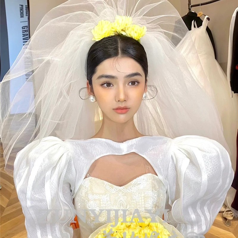 新款简约多层蓬蓬纱新娘结婚婚礼头纱遮L面纱摄影跟妆造型硬纱