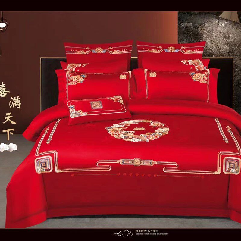 140s支长绒棉婚庆四件套大红色龙D凤婚房全棉喜被子结婚四六十件