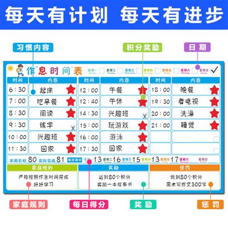 开学儿童作息时间表n孩子习惯自律表墙贴小学生学习打卡计划表磁