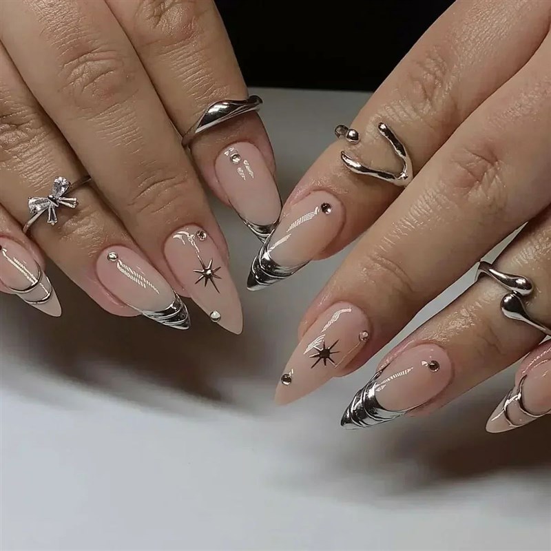 24Pcs Y2k Almond Acrqylic Nails Full Cover 3D Diamond Black