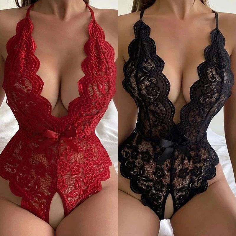 Crotchless Red Snexy Underwear Women Lace Hollow Bra Set