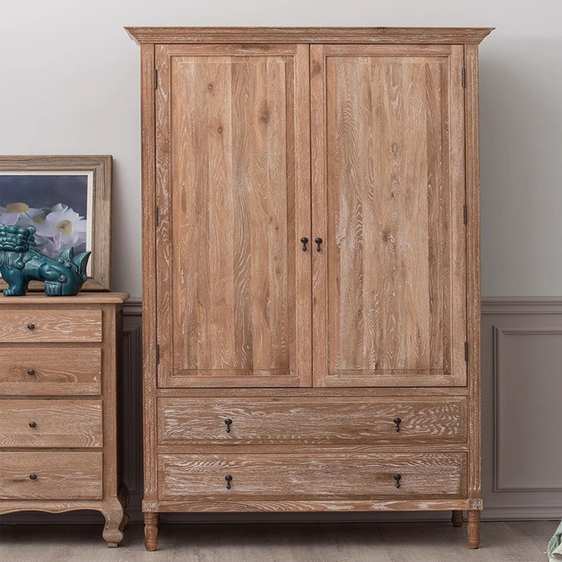 美式乡村复古风格做旧橡木衣柜法式简约全实木仿古两门两抽衣柜