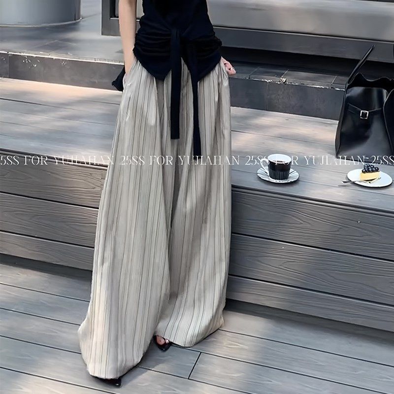 灰色条纹设计感时尚大码p阔腿裤女2025夏季新款慵懒风宽松气质长,女装/女士精品,大码裤装,淘宝优惠券,粉丝福利购,淘宝优惠卷