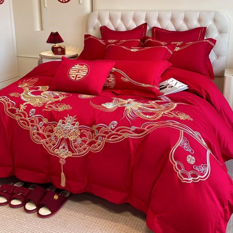 中式龙凤刺绣婚庆四件套新z婚结婚床单被套大红色床上用品,床上用品,婚庆床品套件,淘宝优惠券,粉丝福利购,淘宝优惠卷