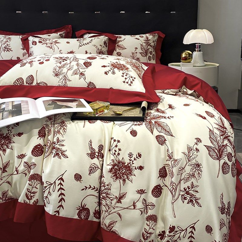 2025新款婚庆大红色100支长绒棉四件套M全棉印花结婚床上用品4,床上用品,婚庆床品套件,淘宝优惠券,粉丝福利购,淘宝优惠卷