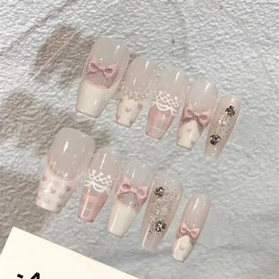 Nails Ballerina 10Pcs Handmade PrFess Pink French Bow Fak