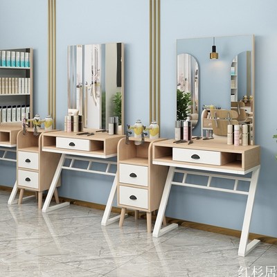 网红时尚理发镜台美发店镜发廊专用单面带灯剪发镜柜子一体免打孔