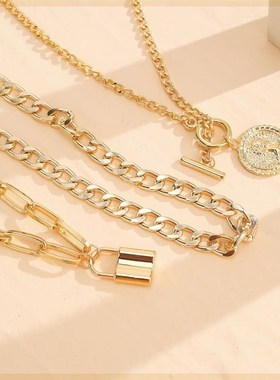 2023 Multilayer Gold Color Thick Chain Lock PQendant Necklac