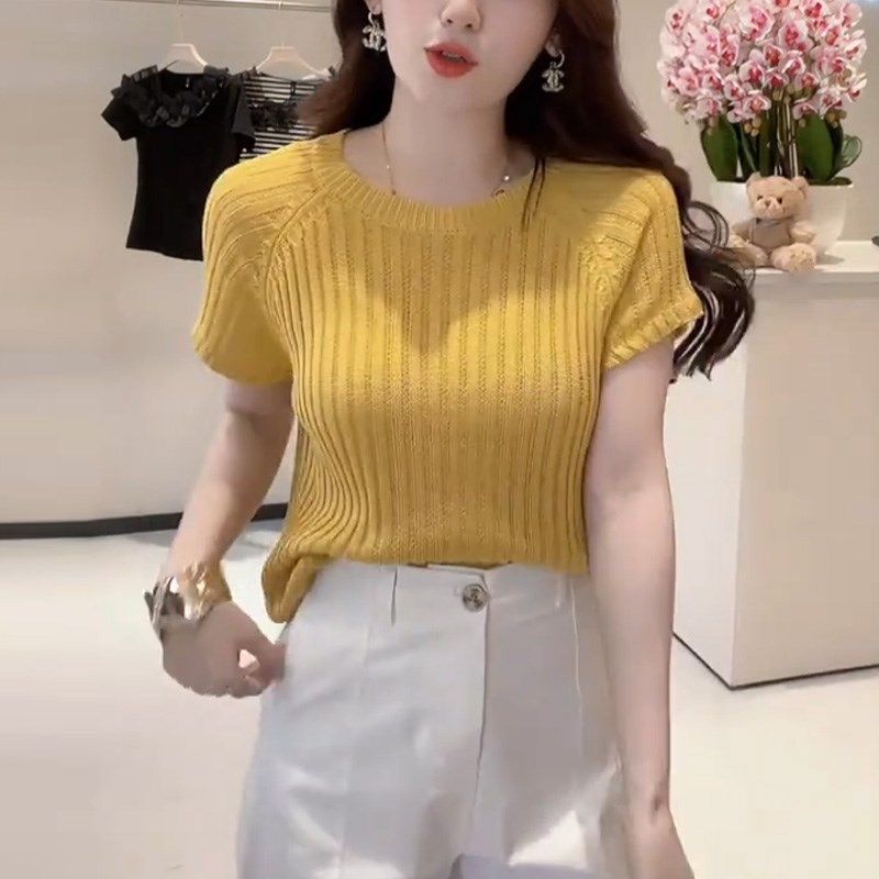 冰丝圆领黄色短袖t恤女夏季2025年新款薄款镂空小衫显瘦针织上衣