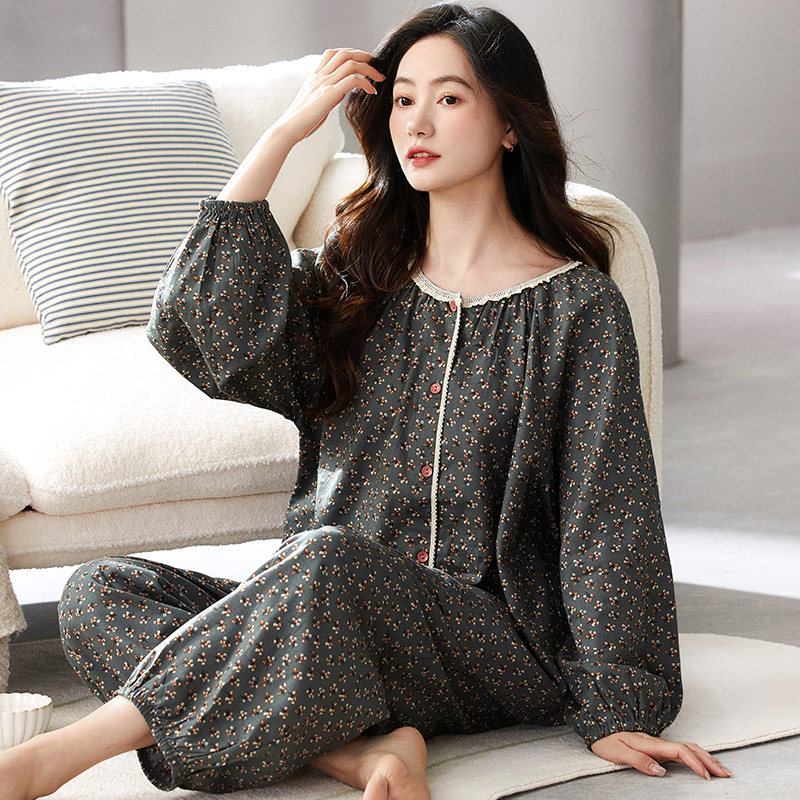 睡衣女春秋季纯棉长袖开衫圆领大码中年妈妈秋天可外穿家居服套装