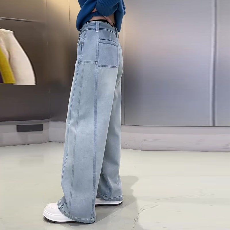 设计感小众2024冬新款今年流行爆款高腰宽松浅蓝色阔腿牛仔裤子女