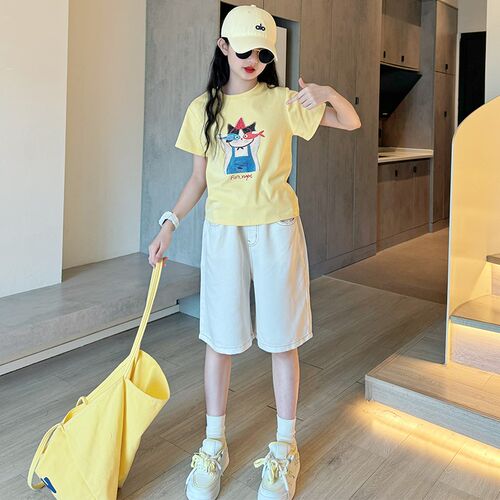 女童夏装套装2025新款儿童洋气短袖t恤女大童夏季网红中裤两件套