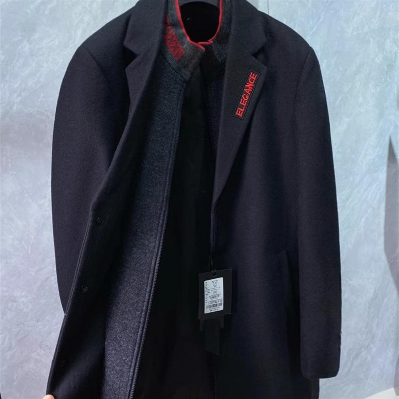 秋冬可拆卸高领假两件毛呢子大衣商务男士修身中长款V外套风衣D53