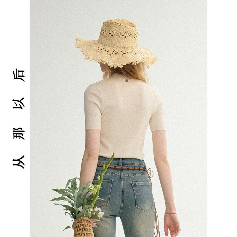 从那以后法式纯色百搭短袖收腰T恤短款v领打底衫修身简约上衣女夏