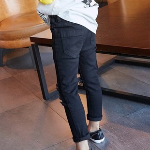 2024韩版 男童破洞牛仔裤 春装 弹力紧身小脚裤 潮 子儿童黑色街舞长裤