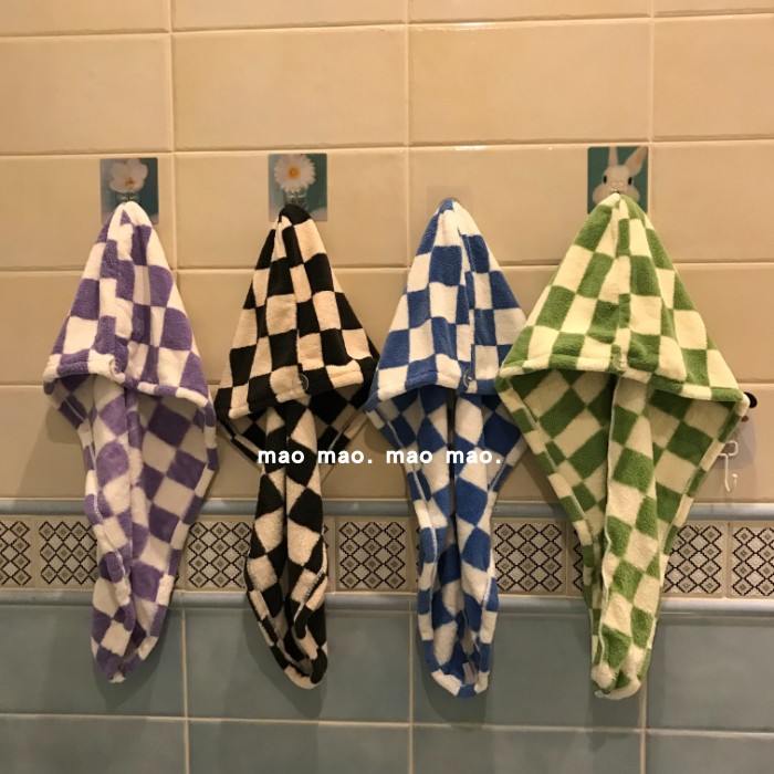 新款棋盘格干发帽超强吸水速干毛巾干发巾女帽子加厚浴帽擦头巾女