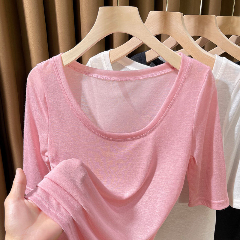 U领冰丝薄款中袖上衣2024新款低胸五分袖正肩t恤女针织超薄短袖女
