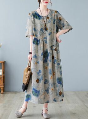 碎花连衣裙夏季女胖mm春装长裙2024新款宽松中年大码遮肚棉麻裙子